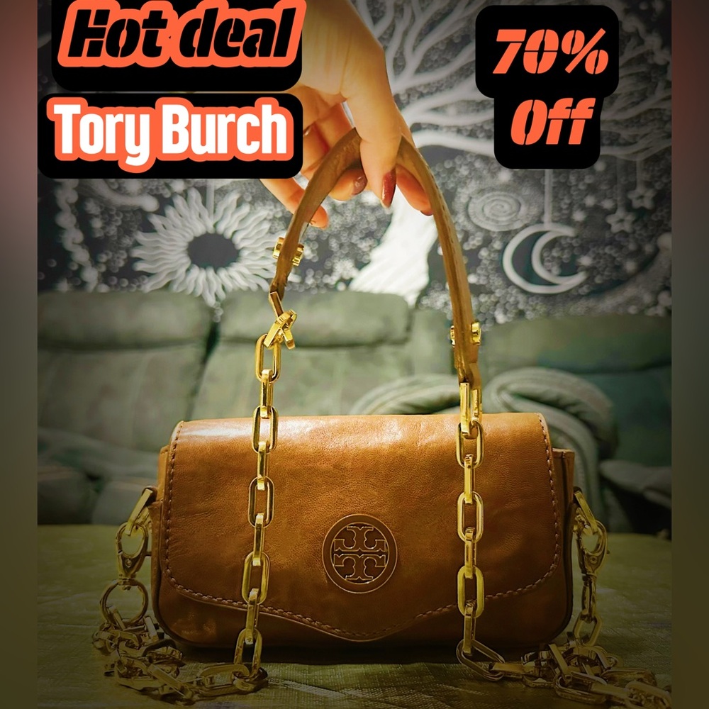 Rare Vintage Tory Burch Brown Leather small Crossbody bag with Gold Chain - Picture 12 of 12